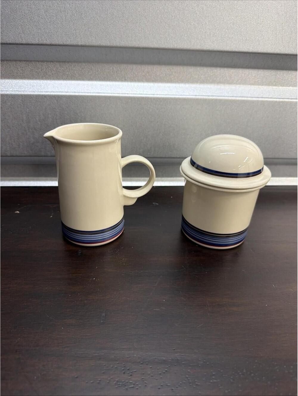 Epoch Home Ceramic Cream and Sugar Set White Blue Striped 2 Piece Korea